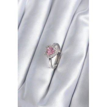 Pirinç Gümüş Renk Pembe Zirkon Taşlı Charm Model Kadın Yüzük