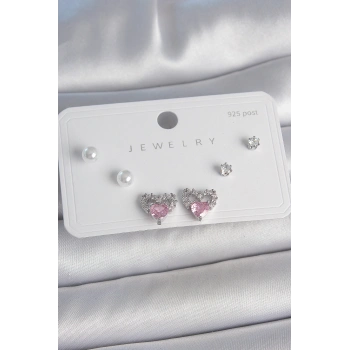 Pirinç Gümüş Renk Pembe Zirkon Taşlı Kalp Model İnci Detay 925 Ayar Gümüş Çivi Kadın Küpe Seti