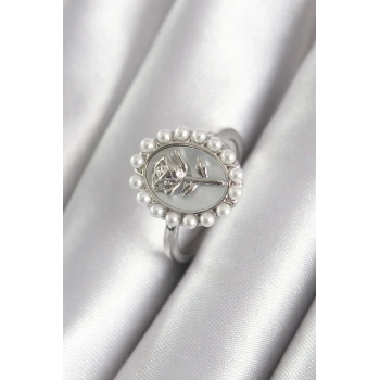 Pirinç Gümüş Renk Portre Gül Model İnci Detay Kadın Yüzük