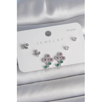 Pirinç Gümüş Renk Renkli Zirkon Taşlı Çiçek Model Yaprak Detay 925 Ayar Gümüş Çivi Kadın Küpe Seti