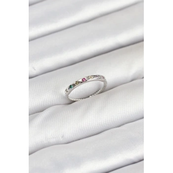 Pirinç Gümüş Renk Renkli Zirkon Taşlı Kadın Yüzük