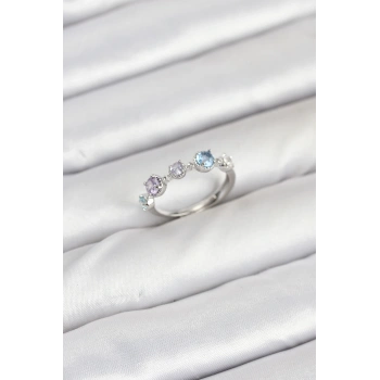 Pirinç Gümüş Renk Renkli Zirkon Taşlı Kadın Yüzük