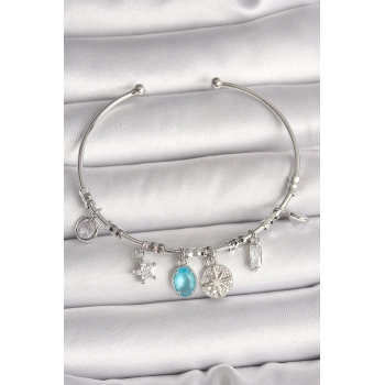 Pirinç Gümüş Renk Sallantı Pusula Figür Kalp Detay Charm Kadın Bileklik