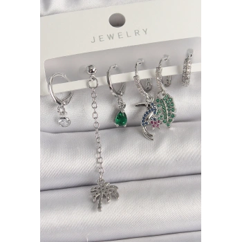 Pirinç Gümüş Renk Sallantı Zirkon Taşlı Ağaç Figür Çoklu Kadın Küpe Seti