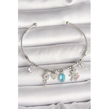 Pirinç Gümüş Renk Sallantı Zirkon Taşlı Ayıcık Figür Çiçek Detay Charm Kadın Bileklik