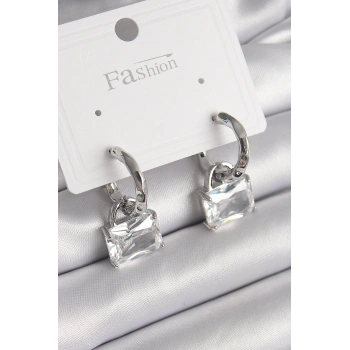 Pirinç Gümüş Renk Sallantı Zirkon Taşlı Çanta Model Kadın Küpe