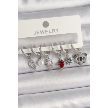 Pirinç Gümüş Renk Sallantı Zirkon Taşlı Fatma Ana El Figür Kadın Küpe Seti