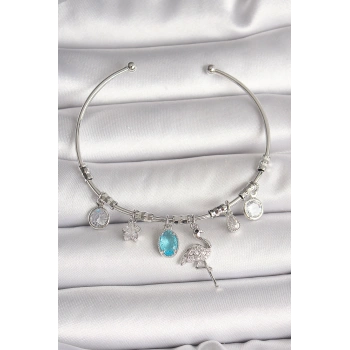 Pirinç Gümüş Renk Sallantı Zirkon Taşlı Filaminga Figür Charm Kadın Bileklik