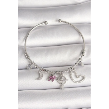 Pirinç Gümüş Renk Sallantı Zirkon Taşlı Gezegen Figür Kalp Detay Charm Kadın Bileklik