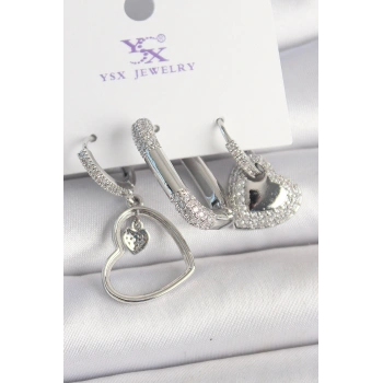 Pirinç Gümüş Renk Sallantı Zirkon Taşlı Kalp Model 3Lü Kadın Kombin Küpe