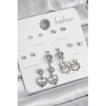 Pirinç Gümüş Renk Sallantı Zirkon Taşlı Kalp Model Düğüm Detay 7 Çift Kadın Küpe Seti