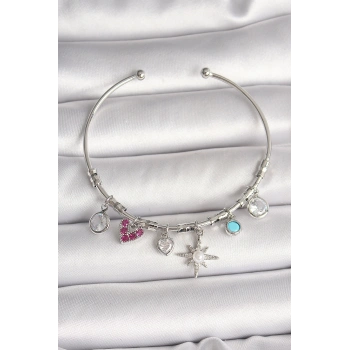Pirinç Gümüş Renk Sallantı Zirkon Taşlı Kutup Yıldız Figür Kalp Detay Charm Kadın Bileklik
