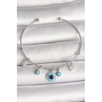 Pirinç Gümüş Renk Sallantı Zirkon Taşlı Nazar Boncuk Figür Charm Kadın Bileklik