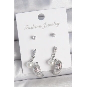 Pirinç Gümüş Renk Sallantılı Zirkon Taşlı Damla Model 3 Çift Kadın Küpe Seti