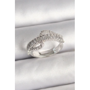 Pirinç Gümüş Renk Su Yolu Zirkon Taşlı Ayarlanabilir Model Kadın Yüzük