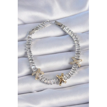 Pirinç Gümüş Renk Taşlı Su Yolu Model VİP Seri Kadın Bileklik