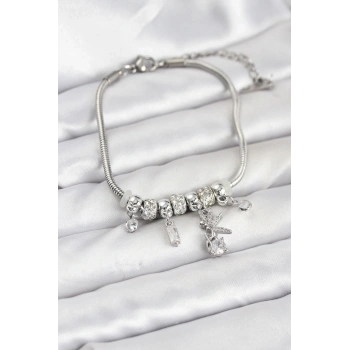 Pirinç Gümüş Renk Tinkerbell Charmlı Kadın Bileklik