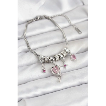 Pirinç Gümüş Renk Uçan Balon Charmlı Kadın Bileklik