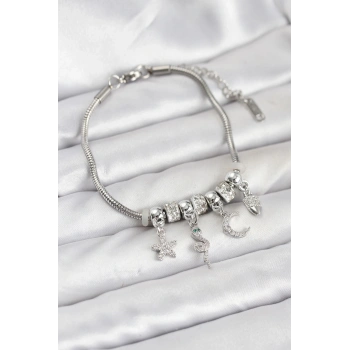 Pirinç Gümüş Renk Yılan Charmlı Kadın Bileklik