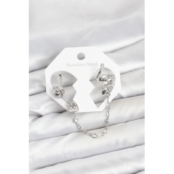 Pirinç Gümüş Renk Yılan Model Zincir Bağlantılı Ear Cuff Küpe Seti