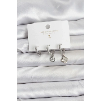 Pirinç Gümüş Renk Yonca Model 3lü Kadın Küpe Seti