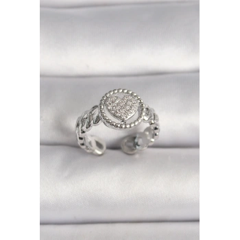 Pirinç Gümüş Renk Zincir Model Zirkon Taşlı Kalp Model Kadın Yüzük