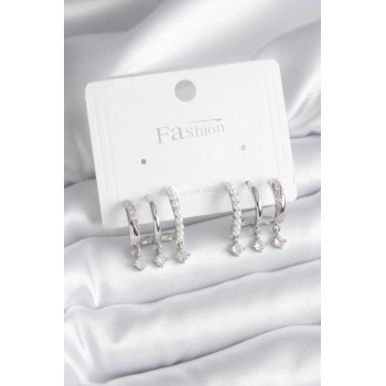 Pirinç Gümüş Renk Zirkon Taş Detay İncili Kadın Küpe