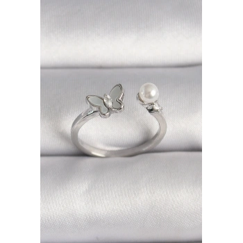 Pirinç Gümüş Renk Zirkon Taş Detaylı Beyaz Mineli Kelebek Figür İnci Detay Ayarlanabilir Yüzük