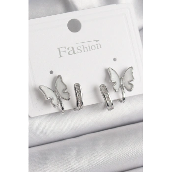 Pirinç Gümüş Renk Zirkon Taş Detaylı Beyaz Sedefli Kelebek Model Kadın Küpe