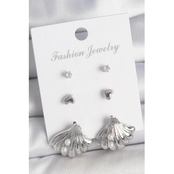 Pirinç Gümüş Renk Zirkon Taş Detaylı İnci Detaylı Deniz Kabuğu Model 3 Çift Kadın Küpe