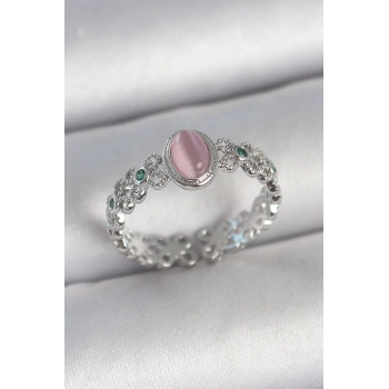 Pirinç Gümüş Renk Zirkon Taş Detaylı Pembe Mineli Damla Model Ayarlanabilir Kadın Yüzük