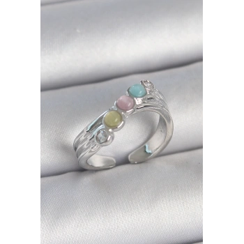 Pirinç Gümüş Renk Zirkon Taş Detaylı Renkli Mineli Ayarlanabilir Kadın Yüzük