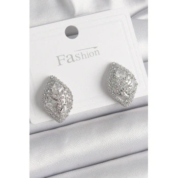 Pirinç Gümüş Renk Zirkon Taş İşlemeli Damla Model Kadın Küpe