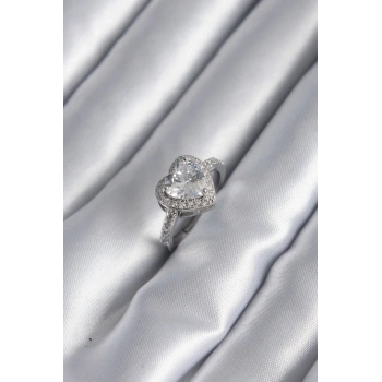 Pirinç Gümüş Renk Zirkon Taş Kalp Charm Model Kadın Yüzük