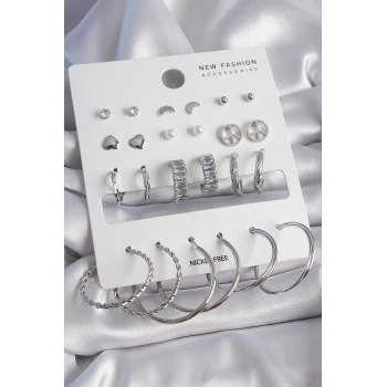 Pirinç Gümüş Renk Zirkon Taşlı 12 Çift Kadın Küpe Seti