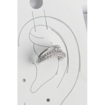 Pirinç Gümüş Renk Zirkon Taşlı 3Lü Sıralı Kadın Kıkırdak Küpe