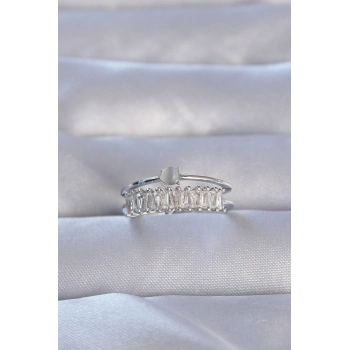 Pirinç Gümüş Renk Zirkon Taşlı Baget Su Yolu Model Ayarlanabilir Yüzük