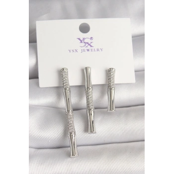 Pirinç Gümüş Renk Zirkon Taşlı Bambu Model 3Lü Kadın Kombin Küpe