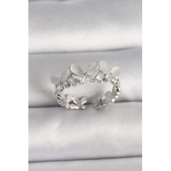 Pirinç Gümüş Renk Zirkon Taşlı Beyaz Mineli Kelebek Model Ayarlanabilir Yüzük