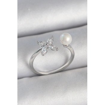 Pirinç Gümüş Renk Zirkon Taşlı Çiçek Model İnci Detay Ayarlanabilir Kadın Yüzük