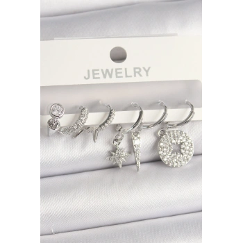 Pirinç Gümüş Renk Zirkon Taşlı Çoklu Figür Kadın Küpe Seti