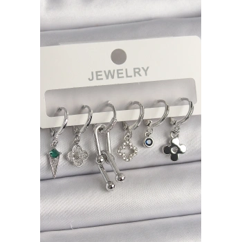 Pirinç Gümüş Renk Zirkon Taşlı Çoklu Figür Kadın Küpe Seti