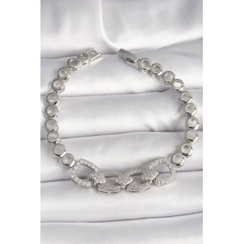 Pirinç Gümüş Renk Zirkon Taşlı Daire Zincir Model Kadın Bileklik