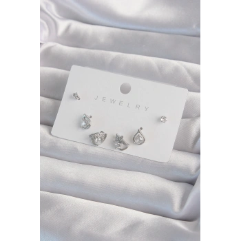 Pirinç Gümüş Renk Zirkon Taşlı Damla Model Küpe Seti