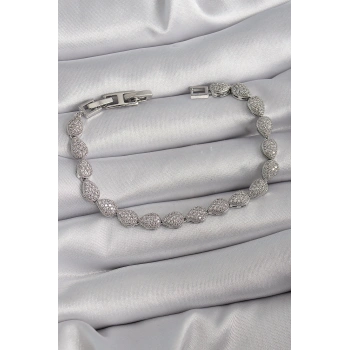 Pirinç Gümüş Renk Zirkon Taşlı Damla Model VIP Seri Kadın Bileklik