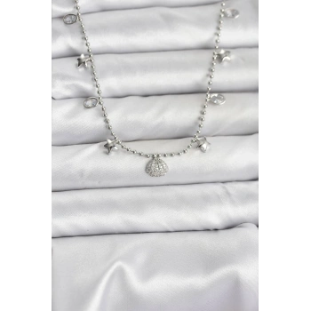 Pirinç Gümüş Renk Zirkon Taşlı Deniz Kabuğu Model Kadın Kolye