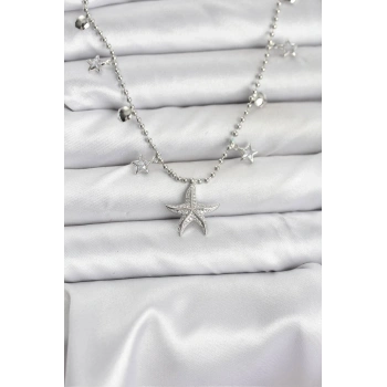 Pirinç Gümüş Renk Zirkon Taşlı Deniz Yıldızı Model Kadın Kolye