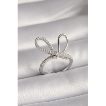 Pirinç Gümüş Renk Zirkon Taşlı Düğüm Model Kadın Yüzük