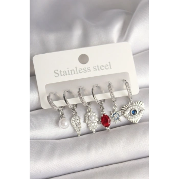 Pirinç Gümüş Renk Zirkon Taşlı Fatma Ana El Figür Kadın Küpe Seti