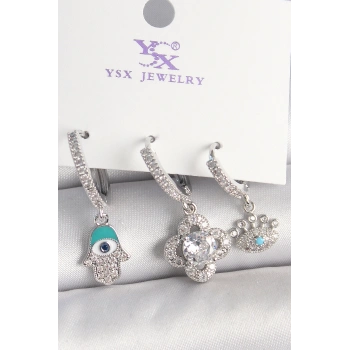 Pirinç Gümüş Renk Zirkon Taşlı Fatma Ana Yonca Figür Göz Detay 3Lü Kadın Kombin Küpe